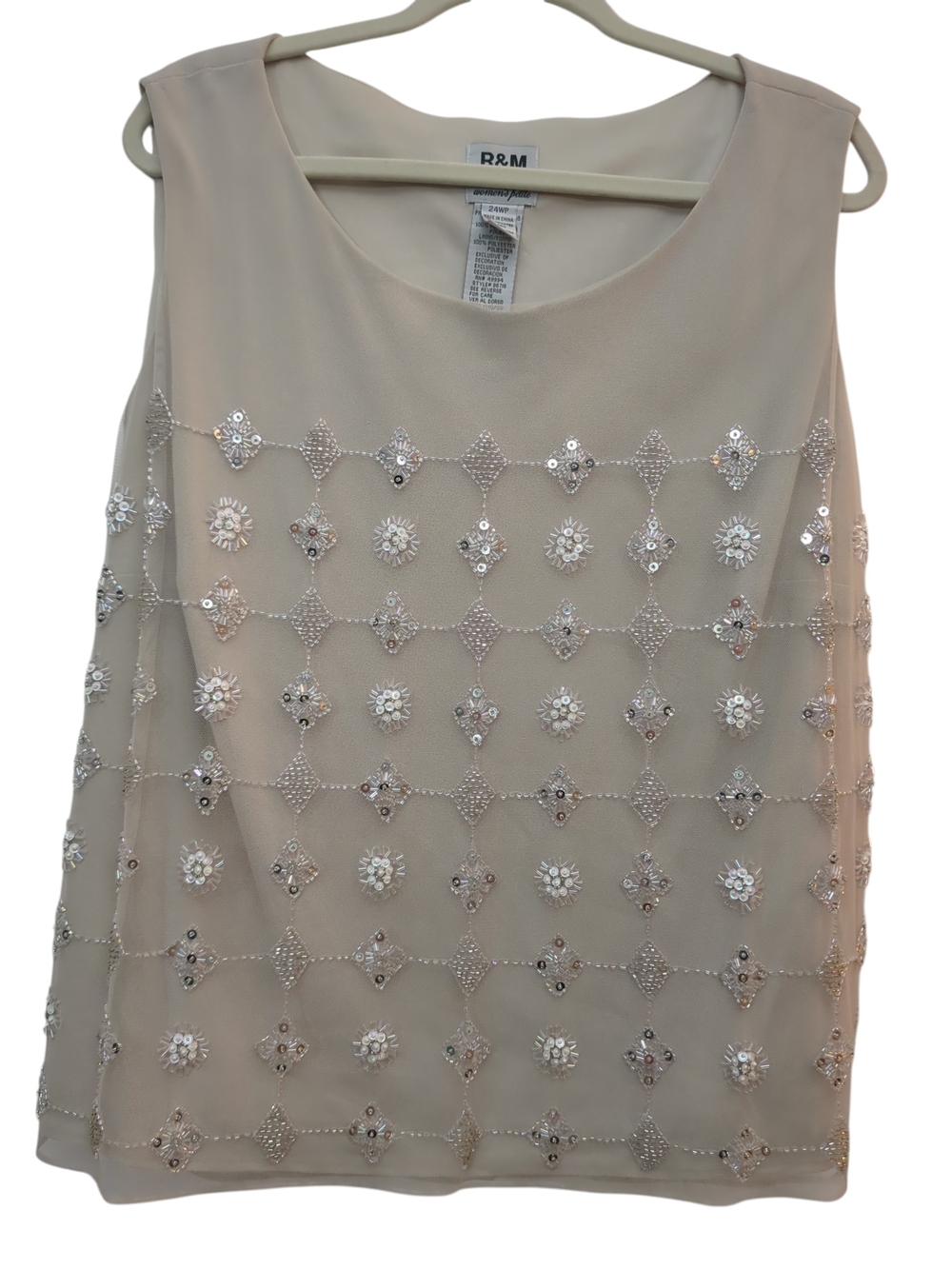 R&M Richards Beaded Sequin Sleeveless Top 24WP Champagne Evening Blouse